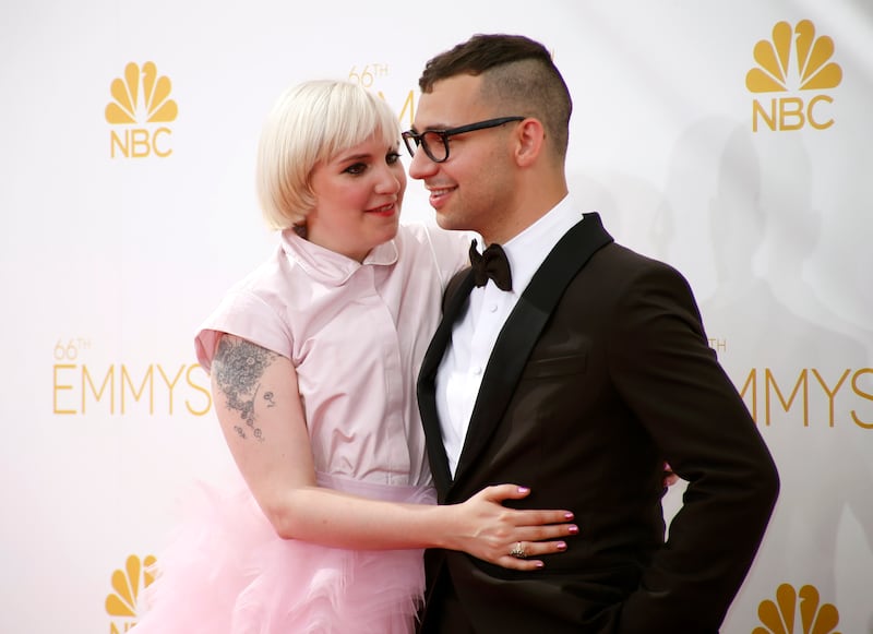 Lena Dunham from the HBO series "Girls" and Jack Antonoff arrive at the 66th Primetime Emmy Awards