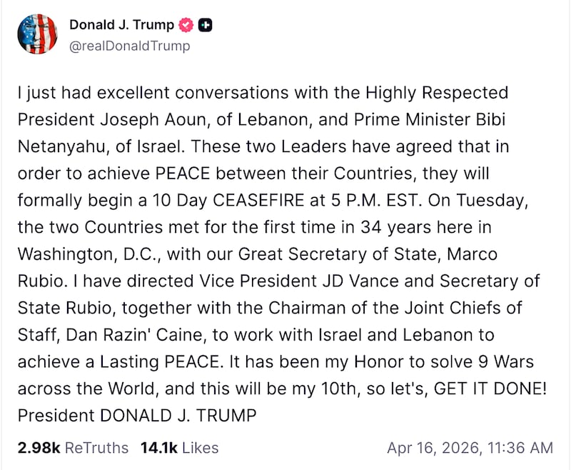 Trump brags about solving nine wars already and working on a tenth in a post about a ceasefire between Israel and Lebanon.