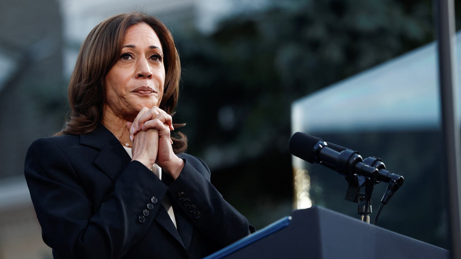 Kamala Harris reacts as she speaks during a campaign event at Ripon College in Ripon, Wisconsin, Oct. 3, 2024.