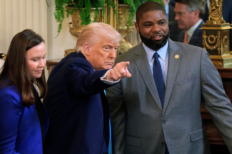 WASHINGTON, DC - MAY 21: U.S. President Donald Trump hosts Sen. Ashley Moody (R-FL) (L), Rep. Byron Donalds (R-FL) and others while celebrating the 2025 NCAA men's basketball Champion Florida Gators in the East Room of the White House on May 21, 2025 in Washington, DC. With a 36-4 record on the season, the Florida University team beat the University of Houston 65-63 to clinch the national championship. (Photo by Chip Somodevilla/Getty Images)