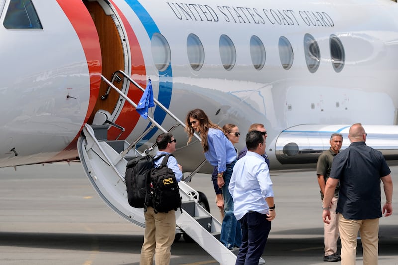 U.S. Homeland Security Secretary Kristi Noem boards her airplane to travel back to the U.S., after touring Ulpiano Paez Air Base, on November 6, 2025 in Salinas, Ecuador.