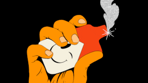 Illo illustration drawing of an orange hand holding an e-cigarette that looks like a Marlboro Red case with sparkle smoke coming out of it