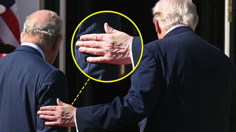 A photo composite of Donald Trump and King Charles with his hand highlighted.