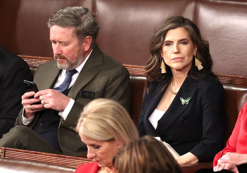 Rep. Thomas Massie (R-KY) (L) and Rep. Nancy Mace (R- SC) wait for the start of the Union address