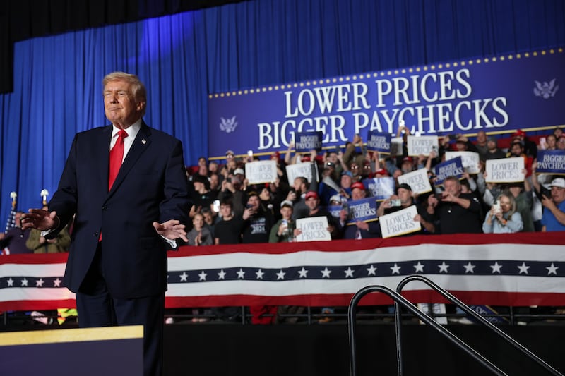U.S. President Donald Trump takes the stage to speak during a rally at the Horizon Events Center on January 27, 2026 in Clive, Iowa.