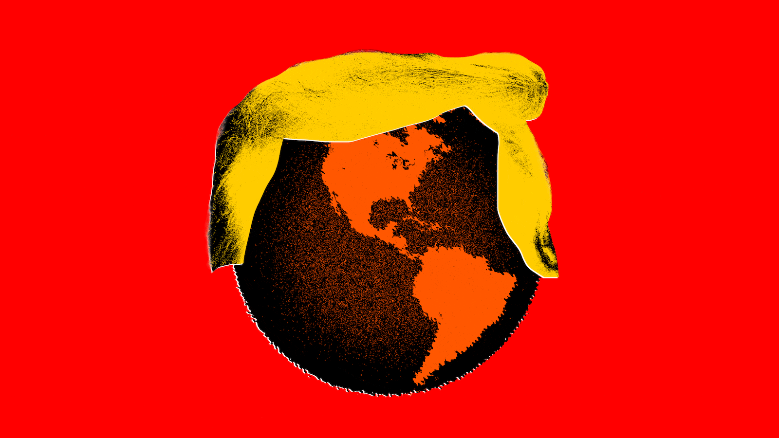 Illustrative gif of a spinning black and orange globe with Donald Trump's yellow hair