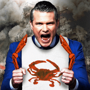 Pete Hegseth holding crab legs and wearing a crab bib in front of scenes from Tehran after bombings