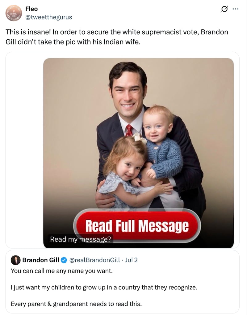 Users on X were quick to point out that Brandon Gill’s wife was missing.