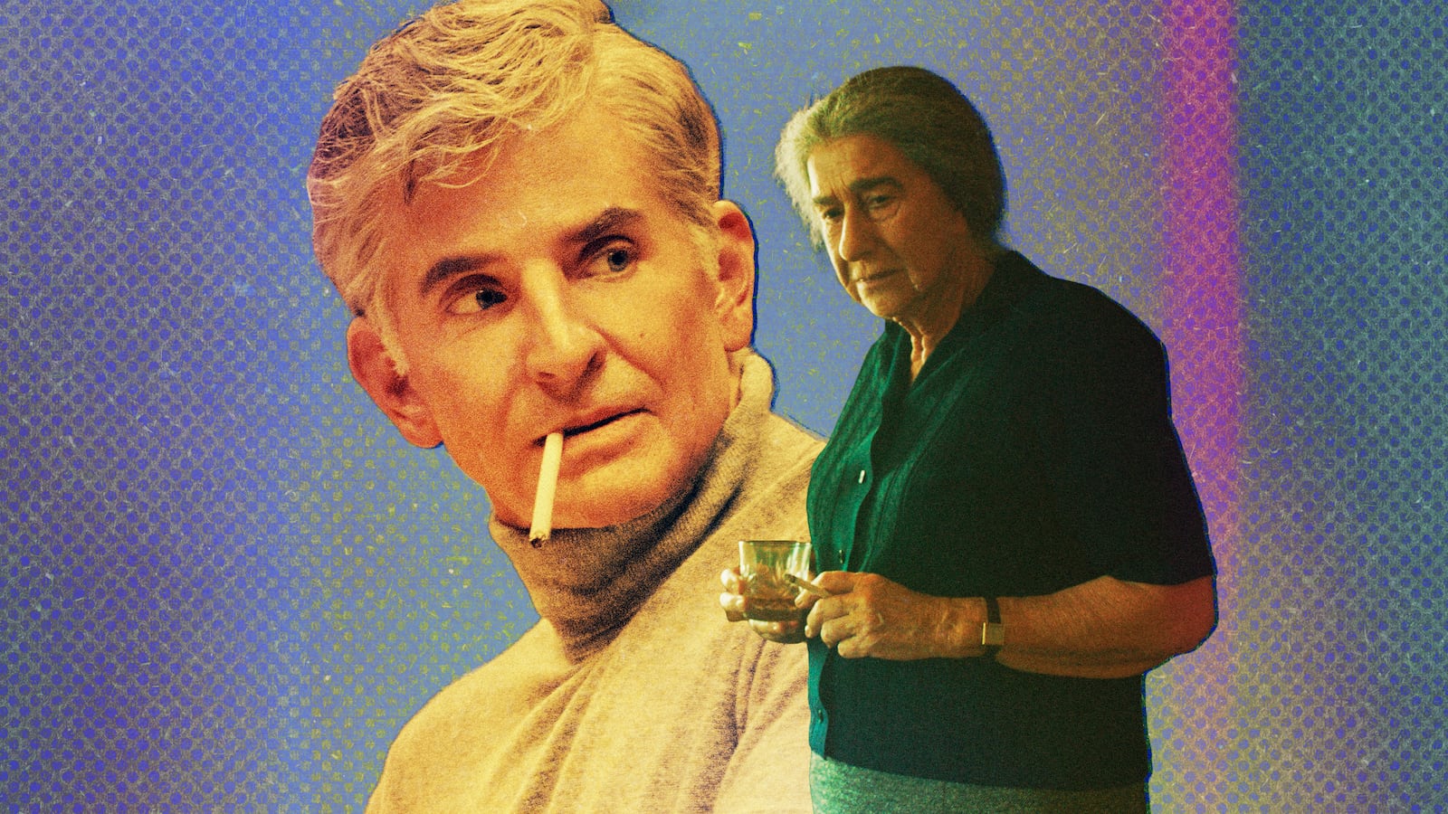 A photo illustration of Bradley Cooper in Maestro and Helen Mirren in Golda.