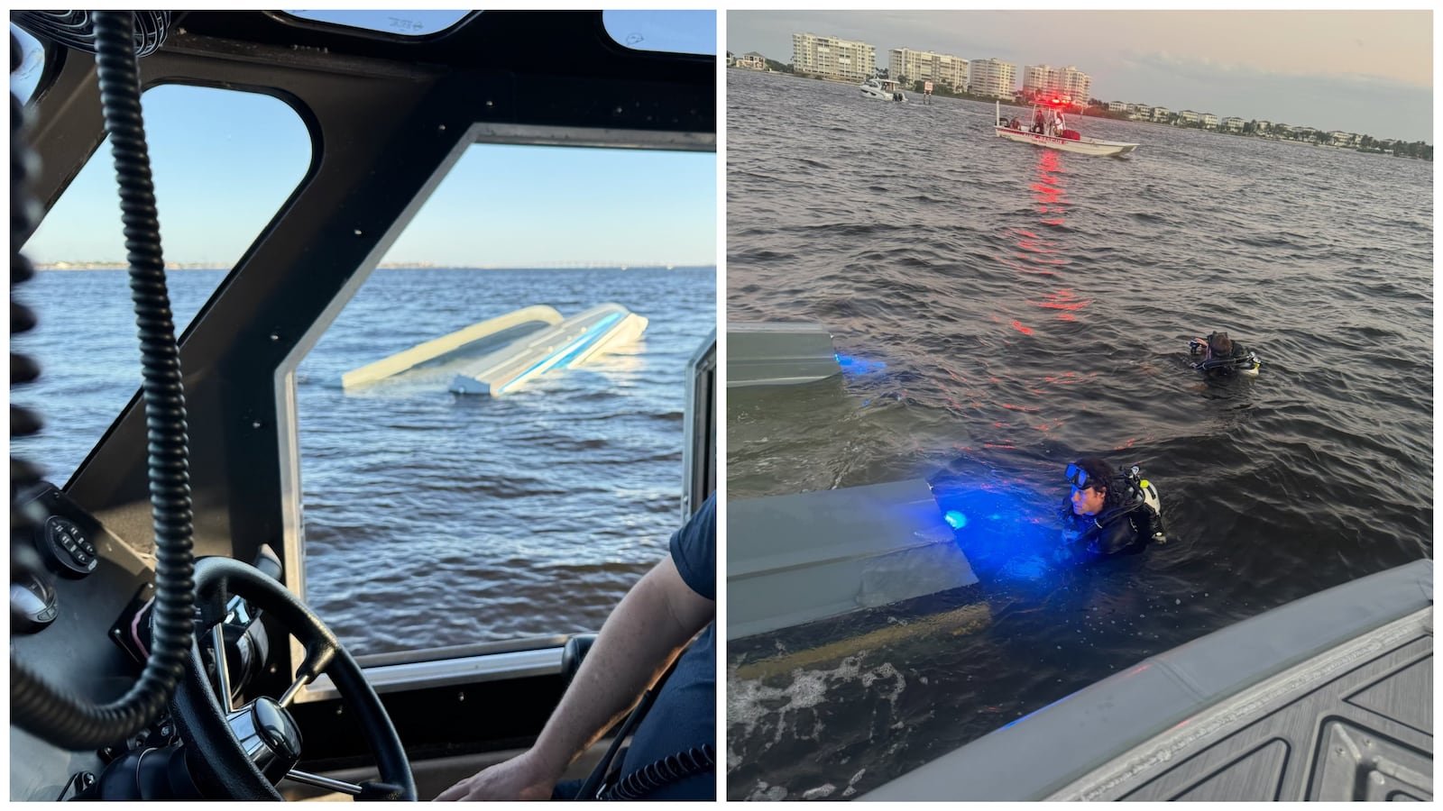 Rescuers at capsized catamaran