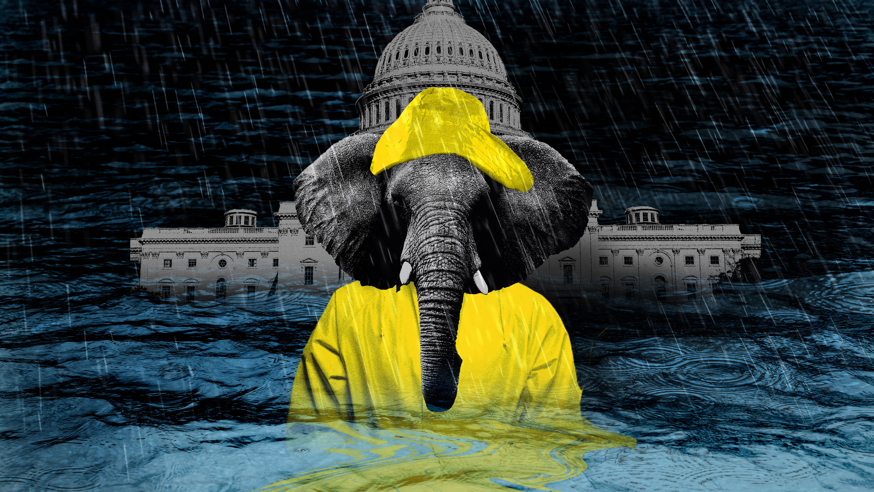 Elephant wearing a yellow rain slicker and hat in front of the US capitol building in flooded water