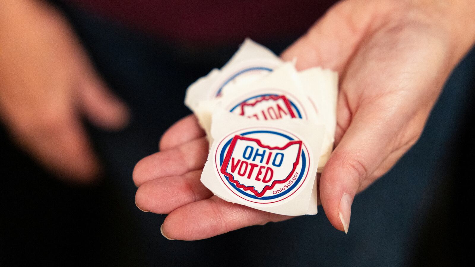 A poll worker holds stickers