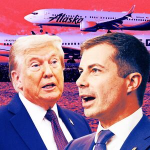 A photo illustration of Donald Trump and Pete Buttigieg and a taxiing runway of aircraft.