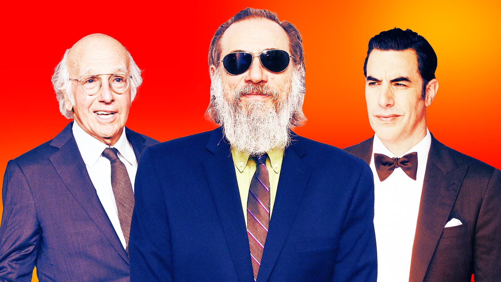 A photo illustration of Larry David, Larry Charles, and Sacha Baron Cohen.
