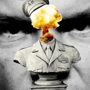 Bust of a united states general with a bomb explosion in front of the close-up face of Pete Hegseth