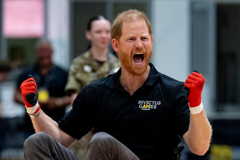 Britain’s Prince Harry appears excited during wheelchair rugby at the National Exhibition Centre, the primary venue for the 2027 Invictus Games, in 2026.