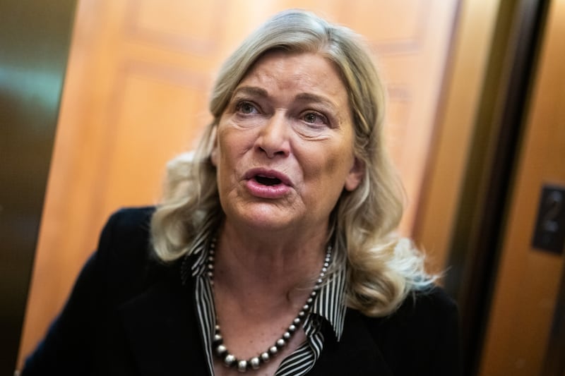 UNITED STATES - JUNE 24: Sen. Cynthia Lummis, R-Wyo., talks with reporters after the Senate luncheons in the U.S. Capitol on Tuesday, June 24, 2025. (Tom Williams/CQ-Roll Call, Inc via Getty Images)