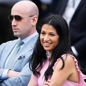 Stephen Miller and Katie Miller at the White House on Monday, April 21, 2025.