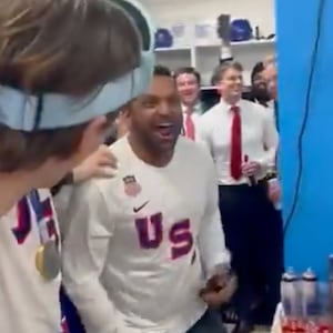 Kash Patel in US Men's Hockey locker room at the Milan Olympics