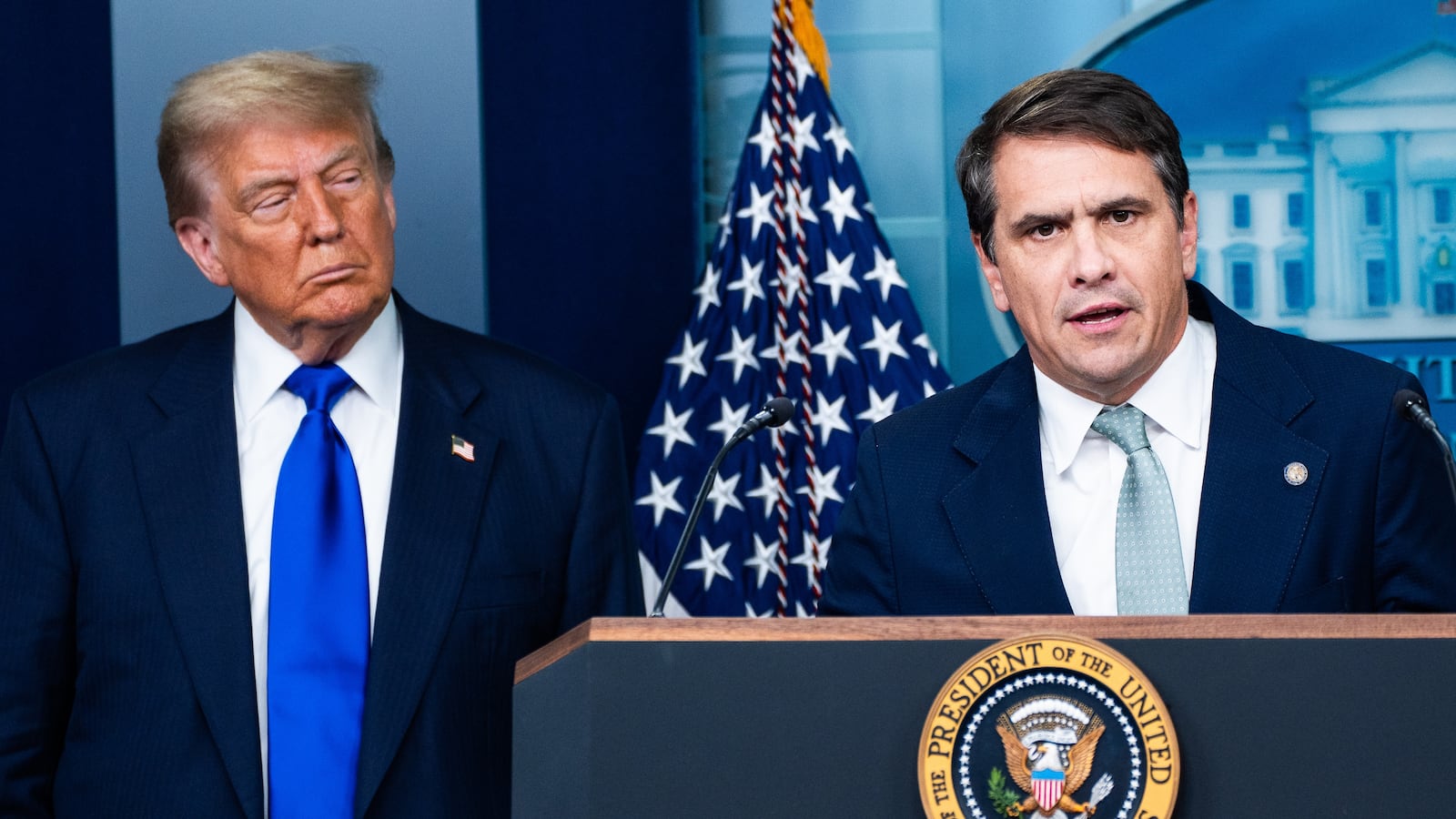 WASHINGTON, DC June 27: United States Deputy Attorney General Todd Blanche during a press briefing with US President Donald Trump and United States Attorney General Pam Bondi in the James S. Brady Press Briefing Room at the White House on Friday June 27, 2025. (Photo by Demetrius Freeman/The Washington Post via Getty Images)