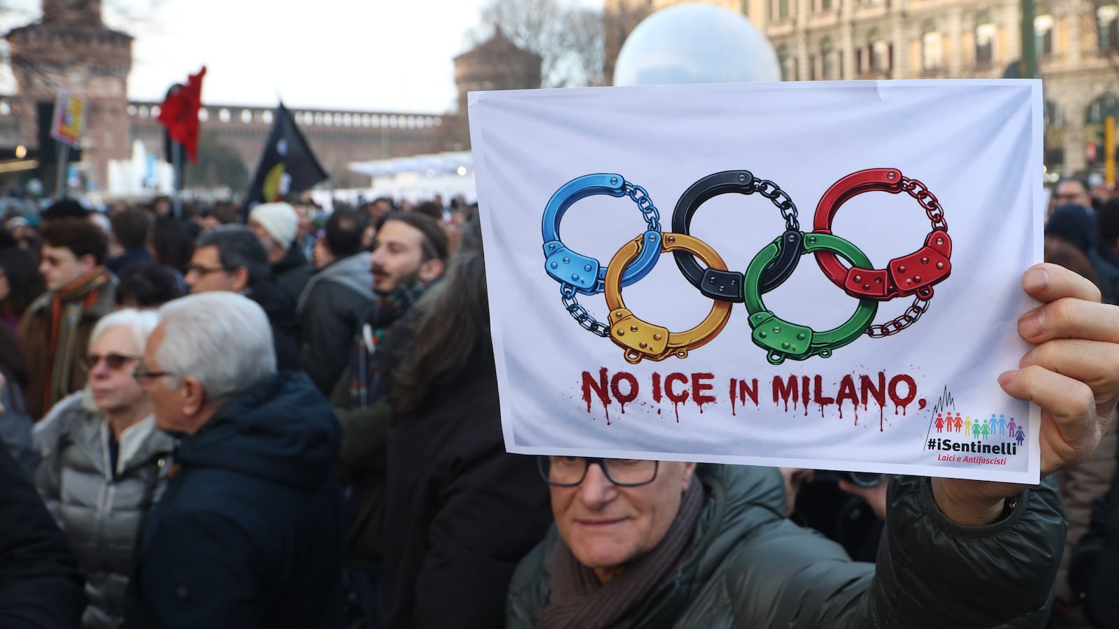 MILAN, ITALY - JANUARY 31: Thousands of demonstrators, holding banners, march to protest against the presence of US Immigration and Customs Enforcement (ICE)âs agents for the Winter Olympic Games in Italy next month on January 31, 2026. Agents from the controversial ICE will help support security operations for the Winter Olympic Games in Italy next month, sources at the US Embassy in Rome said on Tuesday. The protesters carried banners saying âStop the gestapo (ICE) from kidnapping peopleâ, âIllegal Criminal Inforcementâ, âICE go homeâ and marched the city streets. The possible presence of ICE agents on the Italian territory during the Olympic Games Milan-Cortina 2026 has sparked a heated debate in the country, after ICE was involved in the killings of two American citizens during their surveillance operations in the US. (Photo by Michele Luigi Edoardo Novaga/Anadolu via Getty Images)
