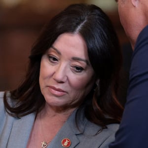 U.S. Secretary of Labor Lori Chavez-DeRemer speaks with fellow cabinet members before an event for MLS champion Inter Miami CF at the White House in Washington, D.C., U.S., March 5, 2026.