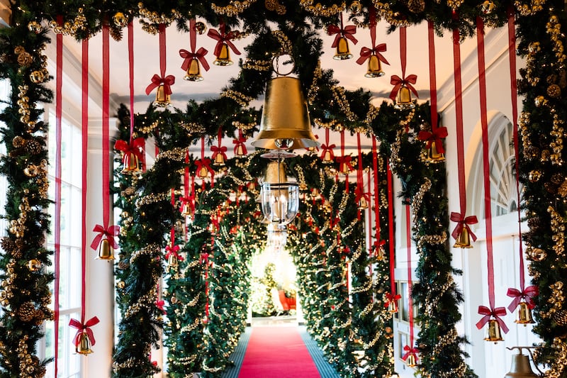 Christmas decoration in the East Colonnade during the media preview of the seasonal décor at the White House in Washington, Monday, December 2, 2024.