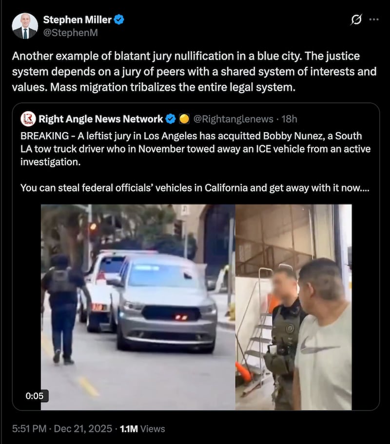 Stephen Miller responds to the acquittal of a man accused of 'stealing' an ICE vehicle he towed away as it was poorly parked.