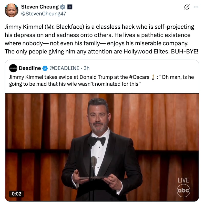 Steven Cheung posts about Jimmy Kimmel on X.