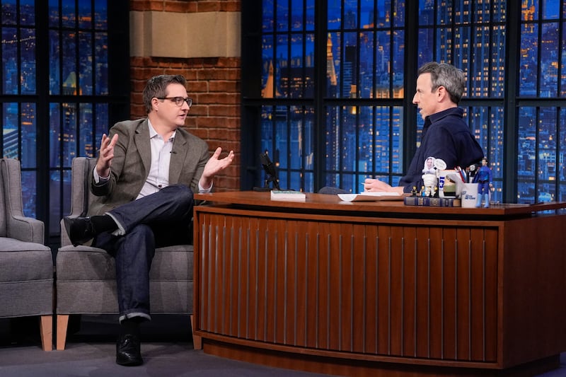 Chris Hayes during an interview with host Seth Meyers 2026