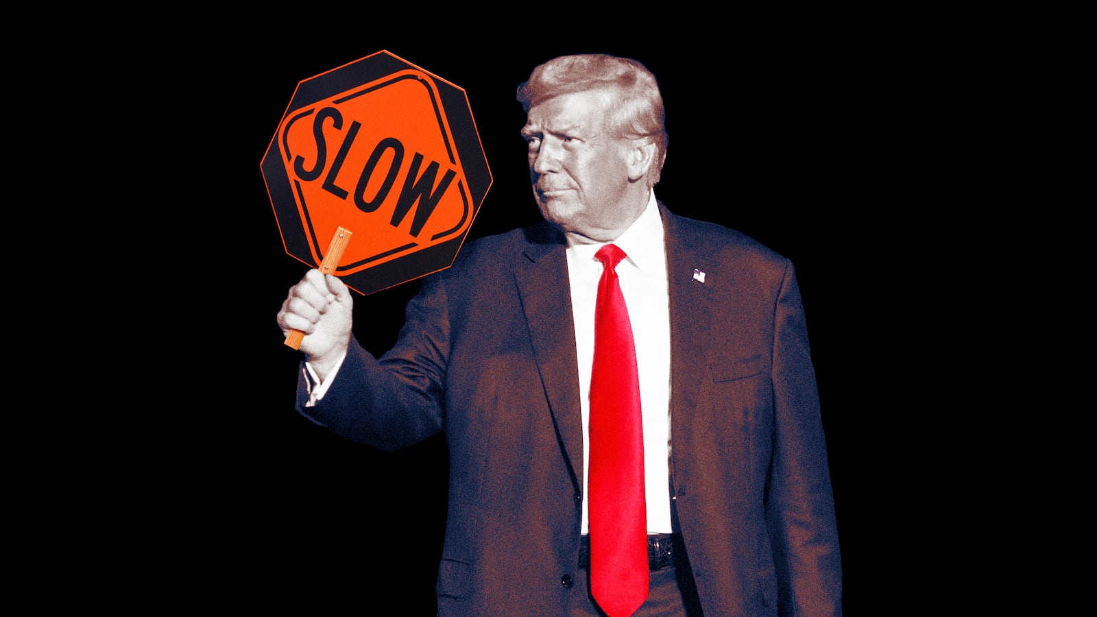 A photo illustration of former President Donald Trump holding up a Slow sign.