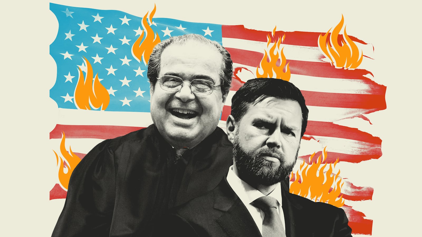 Antonin Scalia and JD Vance in front of a distressed and burnt American flag with flames on it