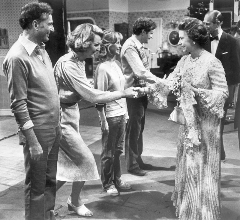 The Queen and the Duke of Edinburgh meet the cast of The Good Life at the BBC TV studios in Shepherd's Bush. They attended a recording of the show in aid of the Joint UK Appeal for the Commonwealth Games. The cast are (l-r) Paul Eddington, Penelope Keith, Felicity Kendal and Richard Briers.