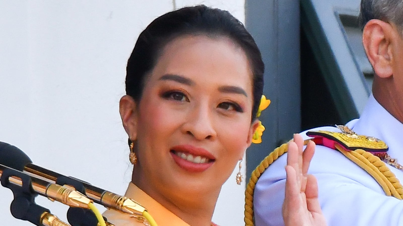 BANGKOK, THAILAND - 2019/05/06: A historic file photo captures a moment from the Royal Coronation Ceremony, as His Majesty King Maha Vajiralongkorn and Her Majesty Queen Suthida (R) appeared on the balcony of the Suththaisawan Prasat Throne Hall. Also pictured is Her Royal Highness Princess Bajrakitiyabha Narendira Debyavati (left). (Photo by © TNP/Panumas Sanguanwong/Thai News Pix/LightRocket via Getty Images)
