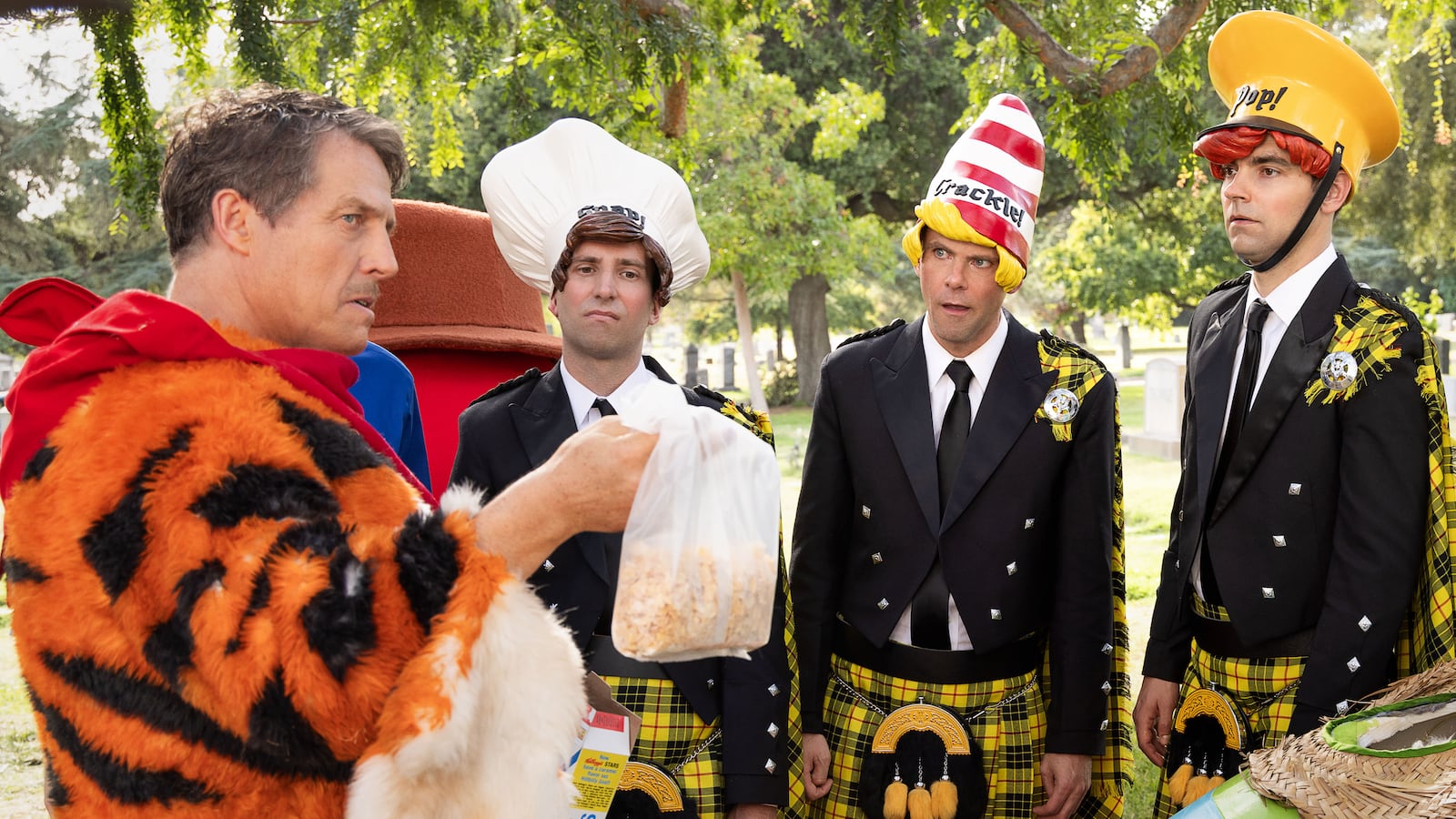 Hugh Grant as Thurl, Kyle Mooney as Snap, Mikey Day as Crackle and Drew Tarver as Pop in Unfrosted