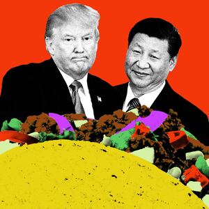 Donald Trump and Xi Jingping in a taco on a red background