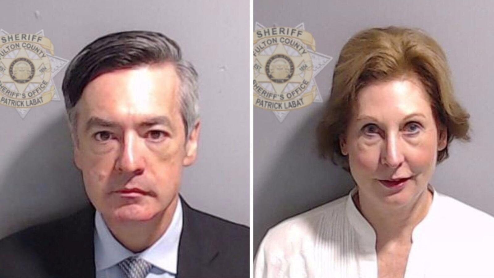 Side-by-side mugshots of Kenneth Chesebro and Sidney Powell.