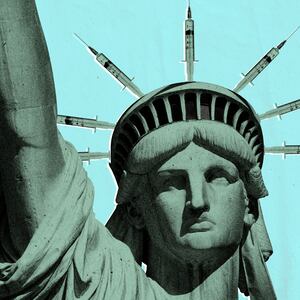 illustration of statue of liberty on pale blue background but instead of spires on crown wearing needles vaccine vaccination antivax anti vaccination orthodox hasidic jew jewish brooklyn williamsburg bill deblasio measles crisis