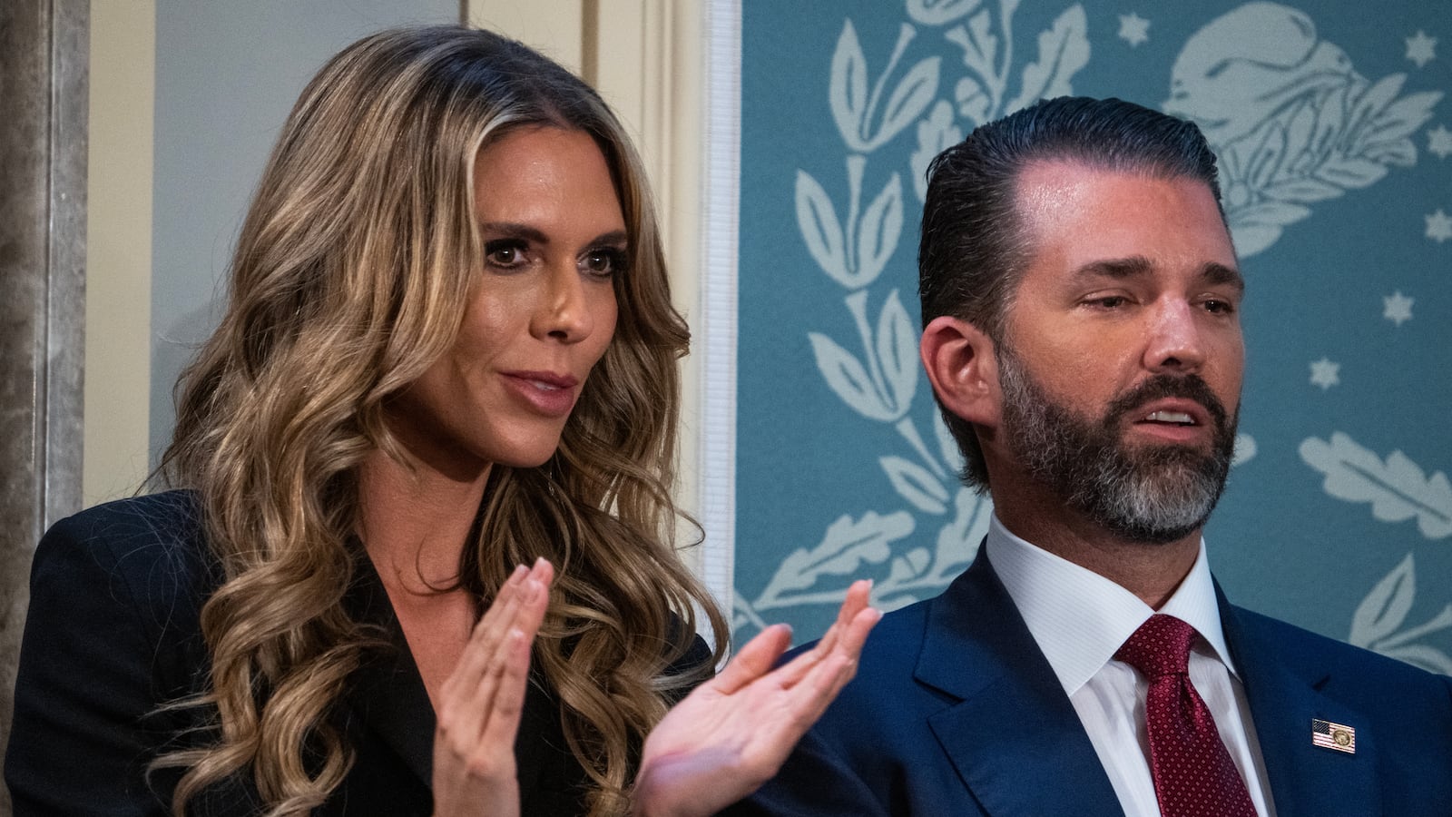 UNITED STATES - MARCH 4: Donald Trump Jr., and his girlfriend Bettina Anderson attend President Donald Trump's address to a joint session of Congress in the House Chamber of the U.S. Capitol on Tuesday, March 4, 2025. (Tom Williams/CQ-Roll Call, Inc via Getty Images)