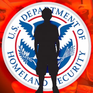 A photo illustration of the silhouette of a child in front of the DHS logo and an immigration arrest.