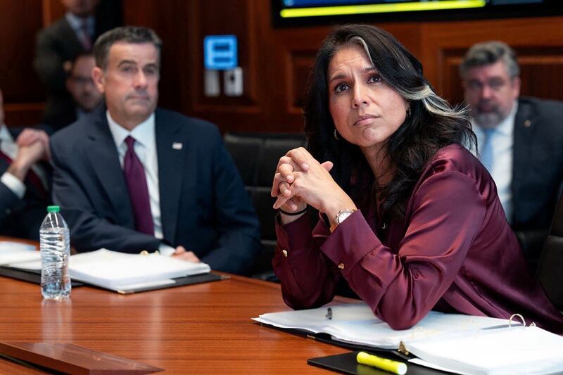 Director of National Intelligence Tulsi Gabbard and CIA director John Ratcliffe join a meeting with U.S. President Donald Trump and his intelligence team in the Situation Room at the White House on June 21.