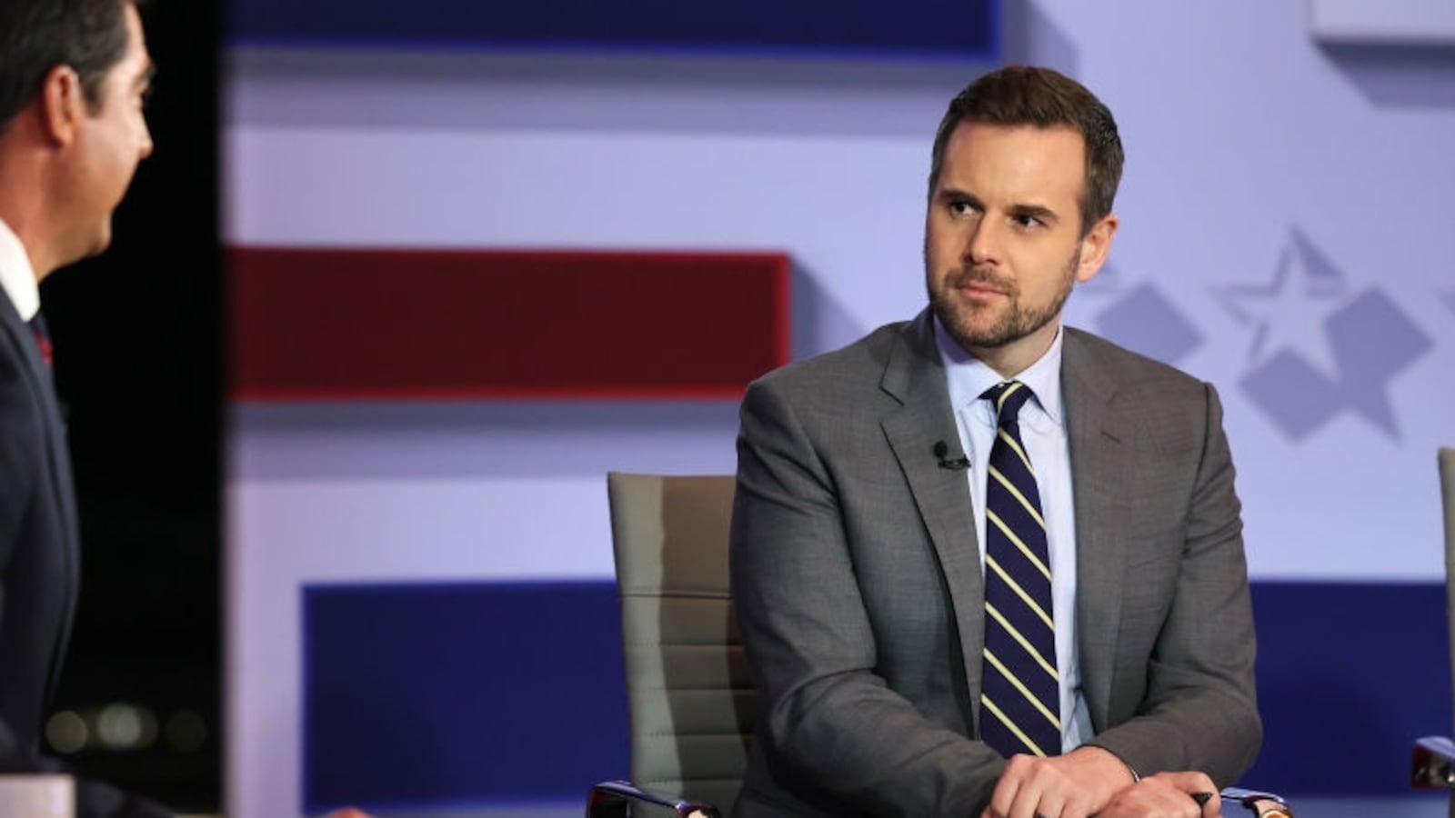 Political commentator and host at Fox News Jesse Watters appears on air with political commentator Guy Benson during the Fox News Special prior to President Trump's Joint Address to Congress at the FOX News D.C. Bureau on March 04, 2025 in Washington, DC.