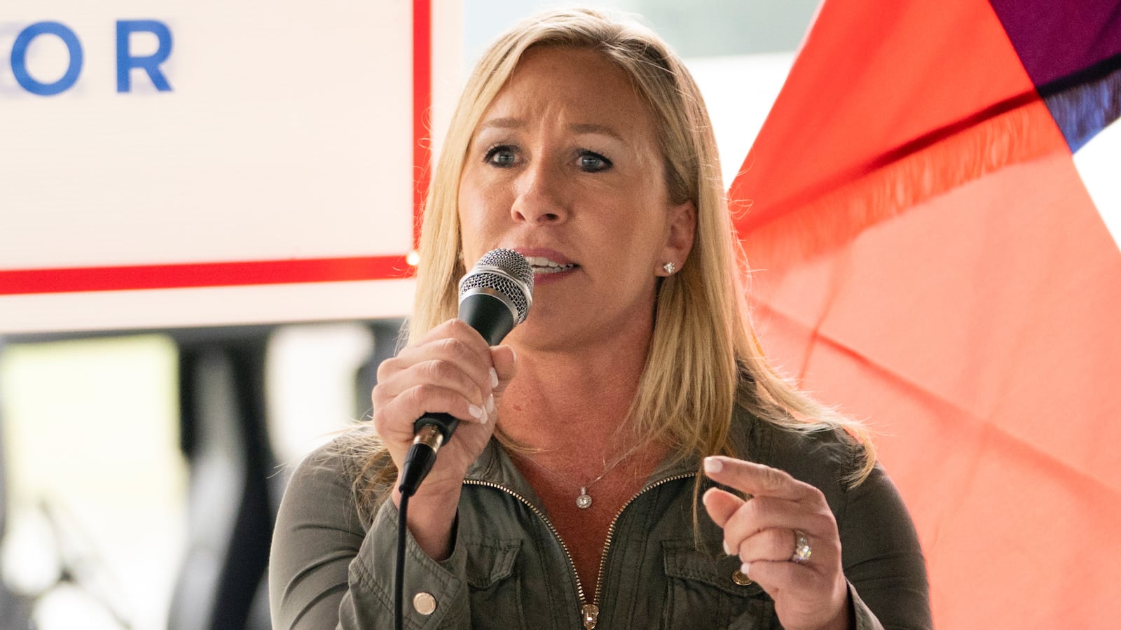 "Republican U.S. House candidate Marjorie Taylor Greene speaks at a news conference in Dallas, Georgia.