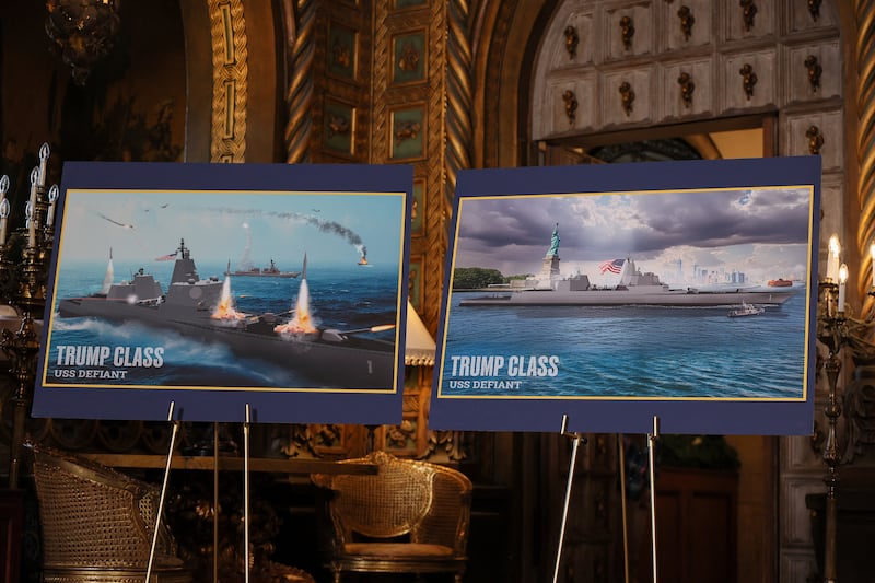 Renderings of 'Trump Class' USS Defiant are displayed, on the day U.S. President Donald Trump makes an announcement about the Navy's "Golden Fleet", at Mar-a-lago in Palm Beach, Florida, U.S., December 22, 2025.