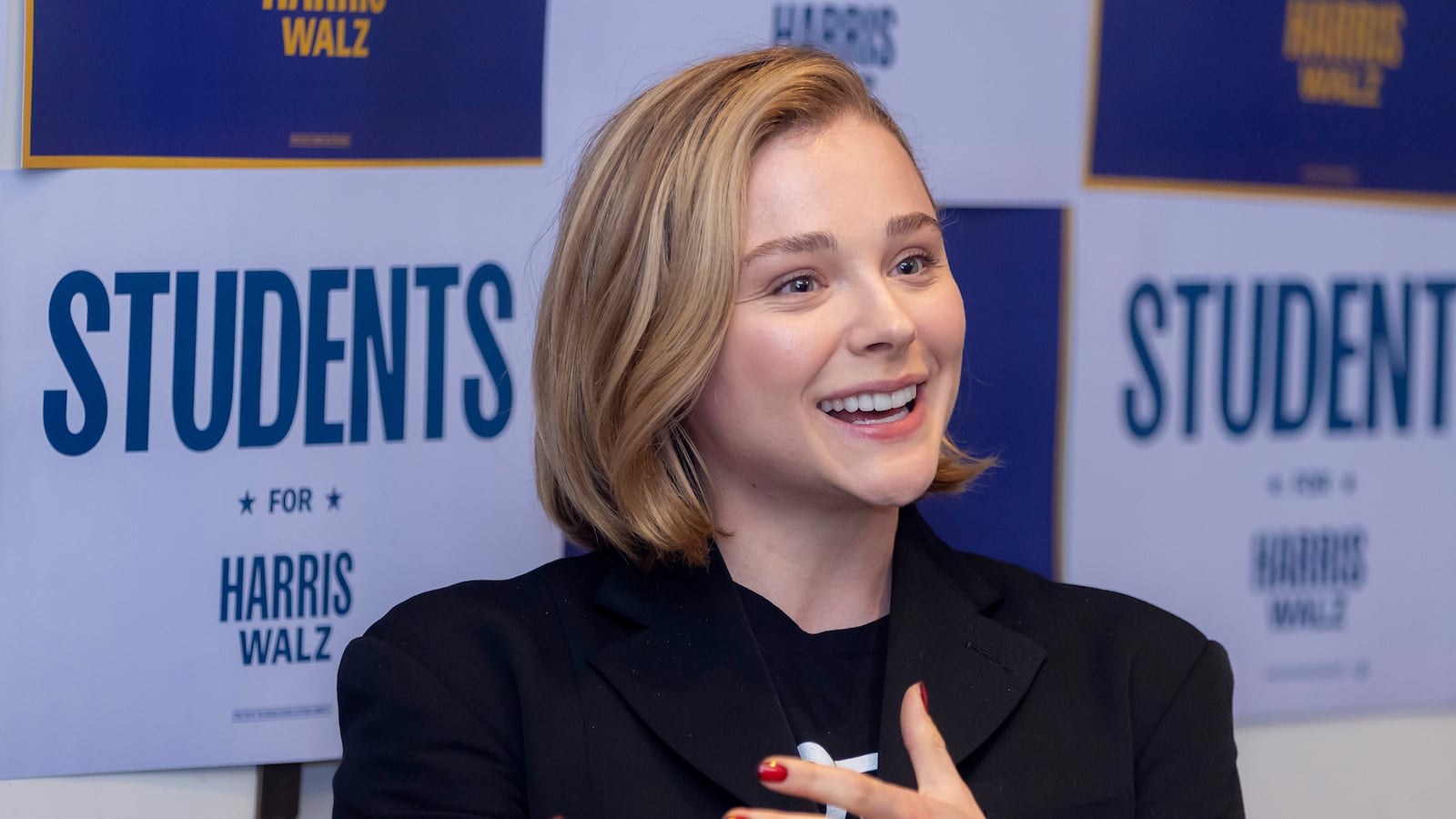 Chloë Grace Moretz speaks at Emory University to rally young voters for Harris-Walz on October 04, 2024 in Atlanta, Georgia.