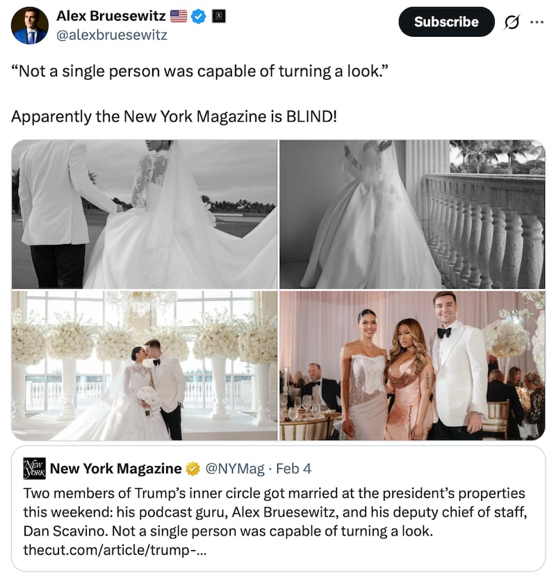 Trump advisor Alex Bruesewitz complains about coverage of his wedding.