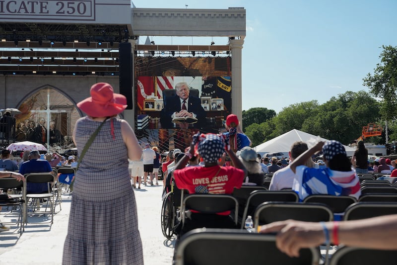 U.S. President Donald Trump speaks during a video message at the Rededicate 250: A National Jubilee of Prayer, Praise & Thanksgiving at the National Mall in Washington, D.C., U.S., May 17, 2026.