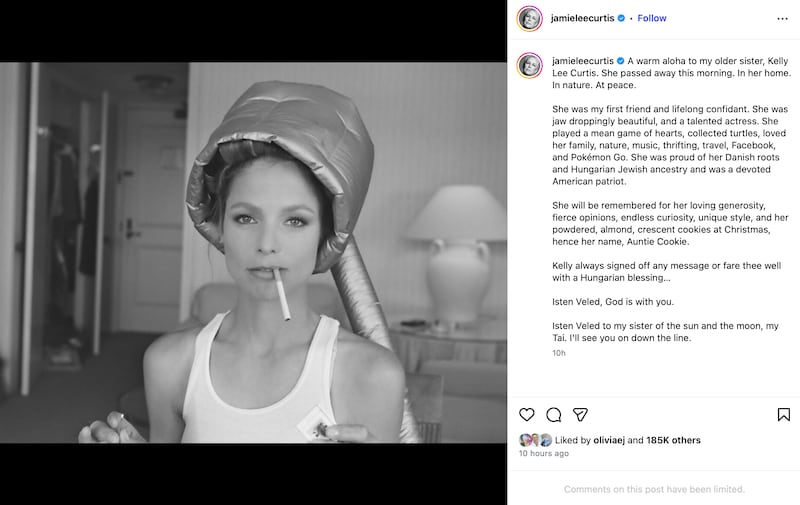 A black and white photo of Kelly Curtis, posted to Instagram by her sister, Jamie Lee Curtis.