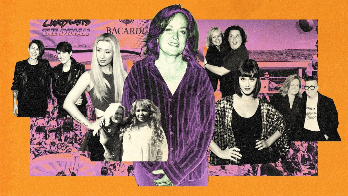 A photo illustration featuring Dinah party founder Mariah Hanson with Tegan and Sara, Iggy Azalea, Lizzo, Katy Perry, Fortune Feimster, and Lea DeLaria