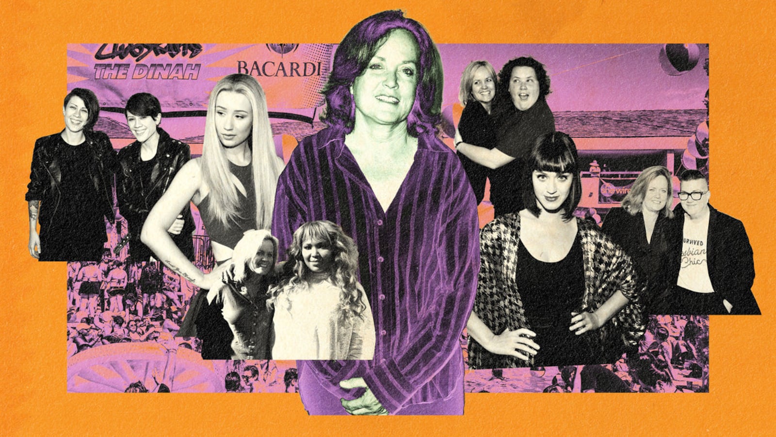 A photo illustration featuring Dinah party founder Mariah Hanson with Tegan and Sara, Iggy Azalea, Lizzo, Katy Perry, Fortune Feimster, and Lea DeLaria